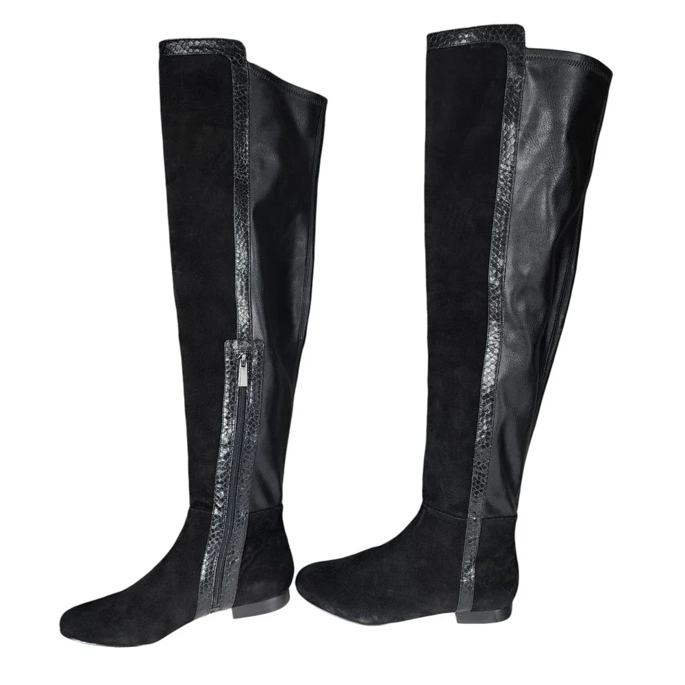 Vince Camuto Over The Knee Boot sz 6.5 Women Black Suede Leather Snakeskin Trim
